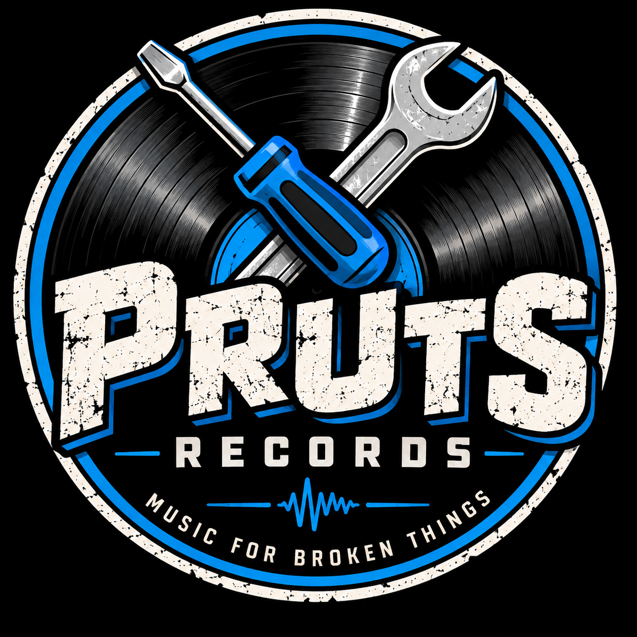 Pruts Records-logo: een vinylplaat met gekruiste schroevendraaier en moersleutel